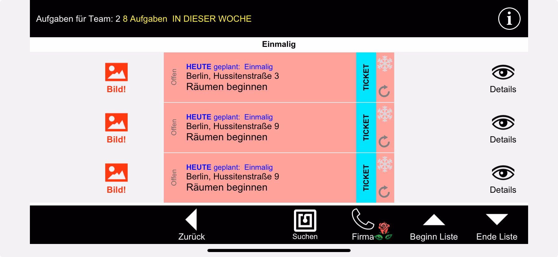 Die Aufgabenliste im Querformat